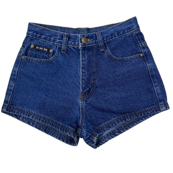On The Way Denim Jean Shortie Shorts Women's Medium Blue High Waisted Zip Fly - Picture 2 of 10